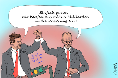 Cartoon: Schwarze Umwidmungs-Gedanken (medium) by Arni tagged umwidmung,60,milliarden,friedrich,merz,markus,söder,cdu,csu,regierung,opposition,ampel,olaf,scholz,habeck,schwarz,rot,grün,gelb