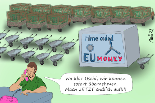 Cartoon: Selenskyj timecoded EU-Safe De (medium) by Arni tagged geld,gelder,selenski,selensky,selenskyi,volodomir,von,der,leyen,eu,tresor,usa,europa,mitgliedschaft,mitglied,abschöpfen,korruption,korruptes,system,waffen,privatkonten,im,ausland