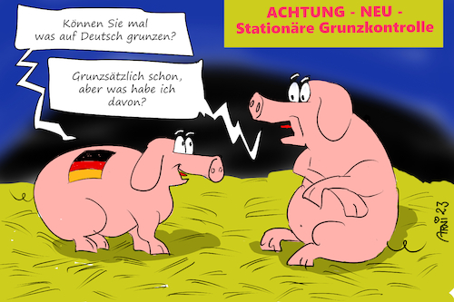 Cartoon: Stationäre Grunzkontrollen (medium) by Arni tagged grenze,grenzen,migranten,migration,grenzkontrollen,grenzkontrolle,stationär,stationäre,faeser,scholz,nancy,olaf,spd,knickt,ein,polen,tschechien,grunzen