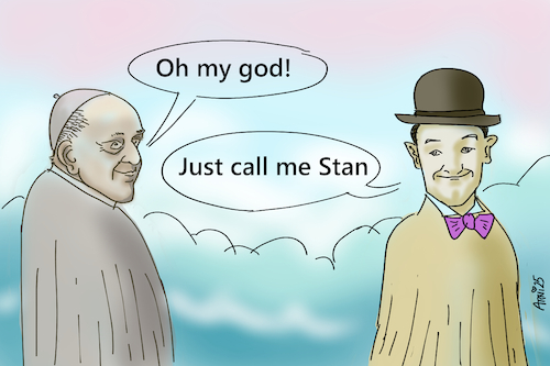 Cartoon: Third kind encounter (medium) by Arni tagged pope,stan,laurel,oliver,hardy,francis,sky,heaven,himmel,papst,begegnung,der,dritten,art,religion,katholisch,wolken,unwirklich,franziskus,dick,und,doof
