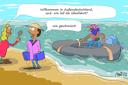 Cartoon: Überfahrt wie geschmiert (medium) by Arni tagged migrant,migranten,schlauchboot,überfahrt,schleußer,schleusser,schmieren,bezahlen,geld,außengrenze,außengrenzen,interview,koffer,geschmiert