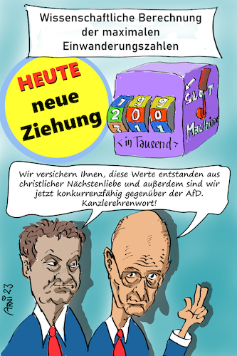 Cartoon: Ziehung der Einwanderungszahlen (medium) by Arni tagged söder,merz,csu,cdu,einwanderung,grenzwerte,maximale,zahlen,wahlkampf,wahl,bayern,slot,machine,einarmiger,bandit