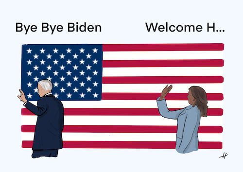 Cartoon: Bye Bye Biden - Welcome Hope? (medium) by Gabi Horvath tagged biden,harris,wahlen,usa,präsident,präsidentin,trump,bye
