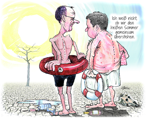Cartoon: Sommermärchen (medium) by Ritter-Cartoons tagged spd,cdu,zoff,merz,und,klingbeil,im,hitzestress,spd,cdu,zoff,merz,und,klingbeilim,hitzestress