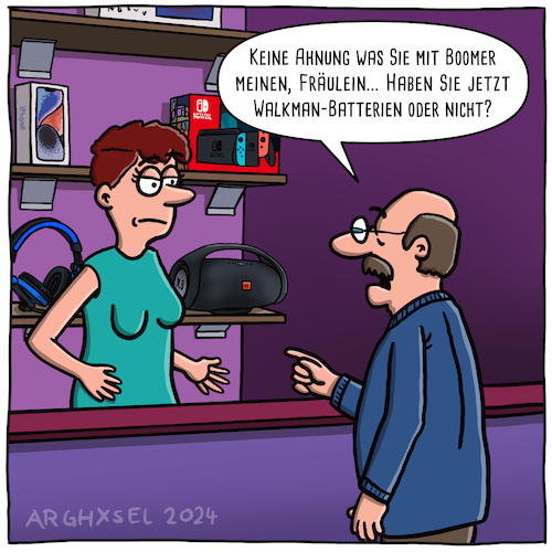 Cartoon: Boomer (medium) by Arghxsel tagged handel,verkauf,hightech,walkman,batterien,technik,fachpersonal,einzelhandel,kunde