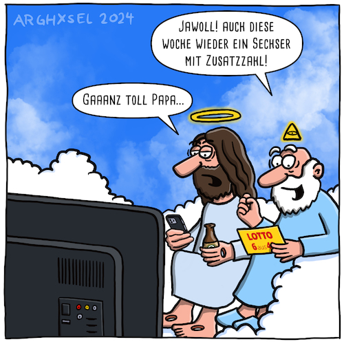 Cartoon: Gott spielt Lotto (medium) by Arghxsel tagged gott,allwissend,allmächtig,jesus,vater,sohn,lotto,lottoschein,richtige