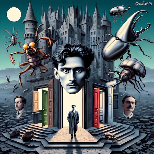 Cartoon: 100 Jahre Kafka 4 (medium) by MorituruS tagged franz,kafka,schriftsteller,jubiläum,jubiläumsjahr,schriftstellerjahr,100,jahre,geburtstag,erzählung,roman,verwandlung,vor,dem,gesetz,landarzt,prozess,urteil,hungerkünstler,weltliteratur,cartoon,karikatur,moriturus,schloss,moderne,prag,kafkaesk,deutsch,tschechisch,tschechien