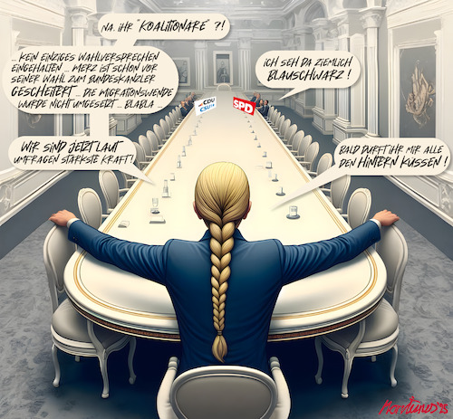 Cartoon: Die Hybris einer Frau in Blau (medium) by MorituruS tagged afd,kapitulationsurkunde,koalition,koalitionsvertrag,regierungsprogramm,opposition,fraktionschefin,alice,weidel,schwarzrot,cdu,csu,spd,union,schwarzrote,migration,finanzen,kanzler,friedrich,merz,lars,klingbeil,cartoon,karikatur,moriturus