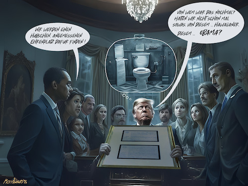 Cartoon: Ehrenplatz für Geburtsurkunde! (medium) by MorituruS tagged friedrich,merz,cdu,bundeskanzler,washington,weißes,haus,oval,office,usa,us,präsident,donald,trump,geburtsurkunde,großvater,barack,obama,hawaii,cartoon,karikatur,moriturus