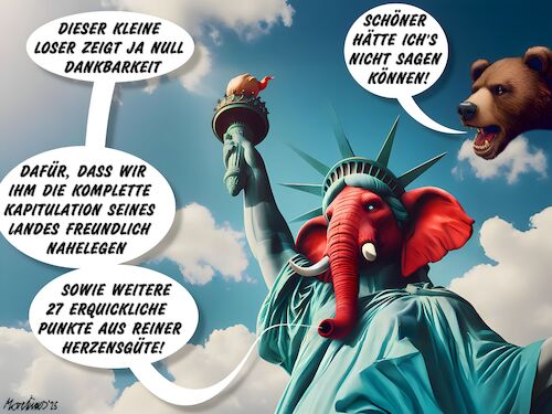 Cartoon: Ein Elefant sieht rot! (medium) by MorituruS tagged usa,us,präsident,donald,trump,28,punkte,plan,ukraine,friedensplan,kapitulation,diktatfrieden,russland,wladimir,putin,russischer,bär,freiheitsstatur,lady,liberty,marco,rubio,steve,witkoff,europa,genf,wolodymyr,selenskyj,diktatur,autokratie,demokratie,verteidigung,schwere,zeiten,verhandlung,truth,social,faschismus,diktator,cartoon,karikatur,moriturus