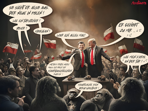 Cartoon: Er gehört zu mir ... an der Tür! (medium) by MorituruS tagged polen,sieg,präsidentschaftswahl,karol,nawrocki,donald,tusk,liberale,wende,gescheitert,rechtsnationalistische,pis,partei,politischer,stillstand,andrzej,duda,autoritäre,blockade,der,regierung,wiedererstarken,strukturen,in,eu,brüssel,boxer,türsteher,hooligan,cartoon,karikatur,moriturus