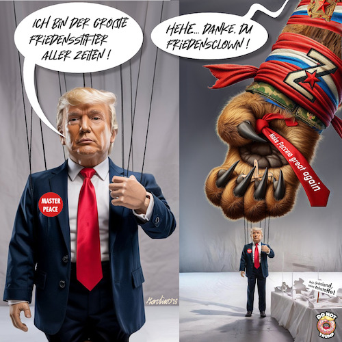Cartoon: Friedensclowns Masterpeace! (medium) by MorituruS tagged us,präsident,donald,trump,usa,russland,wladimir,putin,ukraine,wolodymyr,selenskyj,waffenruhe,frieden,waffenstillstand,manipulation,langfristig,nacchaltiger,cartoon,karikatur,moriturus
