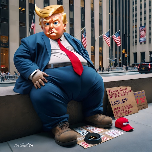 Cartoon: Hungerkünstler-Riesenbaby in NYC (medium) by MorituruS tagged usa,trump,454,millionen,kein,geld,mehr,für,tycoon,steinreich,kaution,pleite,steuerhinterziehung,prozess,angeklagt,vermögenspfändung,new,york,justiz,vermögen,immobilienbesitz,rechtsanwalt,cartoon,karikatur,moriturus