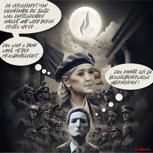 Cartoon: Je suis Marine? (medium) by MorituruS tagged marine,le,pen,frankreich,verurteilung,veruntreuung,eu,gelder,rechtsruck,demokratie,beschädigung,präsidentschaftskandidatin,lügen,justiz,freiheit,autokratie,wahlkampf,wahl,2027,hausarrest,fußfessel,geldstrafe,jordan,bardella,rassemblement,national,rechtspopulismus,gemäßigte,parteien,mitte,verlust,des,passiven,wahlrechts,für,fünf,jahre,cartoon,karikatur,moriturus
