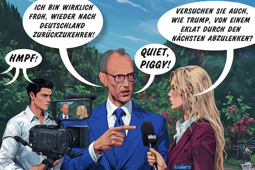 Cartoon: Merz hat dazugelernt! (medium) by MorituruS tagged bundeskanzler,friedrich,merz,heimflug,brasilien,deutschland,aussage,verstimmung,arroganz,diskussion,stadtbild,rassismus,skandal,eklat,fettnäpfchen,us,präsident,donald,trump,beleidigung,journalistin,interview,jeffrey,epstein,abc,verstörend,brüskierend,quiet,piggy,cartoon,karikatur,moriturus