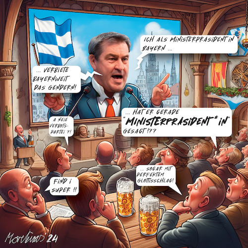 Cartoon: Ministerpräsident_in Bayern (medium) by MorituruS tagged bayern,gendersprache,verbietet,gendern,verbot,schulen,behörden,gendergerechtigkeit,gleichberechtigung,partizipation,teilhabe,markus,söder,csu,sachsen,ministerpräsident,glottsischlag,männlich,weiblich,divers,gendersternchen,gleichstellung,karikatur,cartoon,moriturus