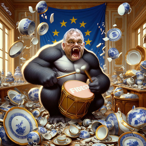 Cartoon: Orban G... EU... rilla (medium) by MorituruS tagged viktor,orban,premierminister,ungarn,freiheit,ratspräsidentschaft,make,europe,great,again,unterstützung,ukraine,brüssel,rechtsstaatlichkeit,eu,skeptiker,veto,partei,fidesz,autokratie,demokratie,wähler,rechtsruck,urban,guerilla,gorilla,porzellanladen,trojanisches,pferd,putin,russland,cartoon,karikatur,moriturus
