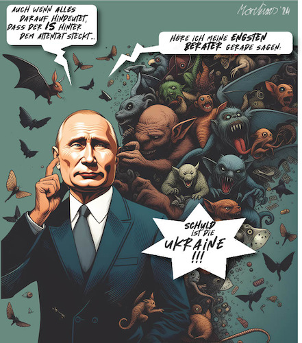 Cartoon: Putins geneigte Einflüsterer ... (medium) by MorituruS tagged putin,russland,erklärung,taktik,bekennerschreiben,is,zum,anschlag,bekannt,attentat,konzerthalle,konzert,moskau,krokus,tankerunglück,baltimore,politikberater,ukraine,schuld,schuldzuweisung,ohne,beweise,innenpolitisch,instrumentalisierung,vorwand,mobilmachung,rekrutierung,frühjahrsoffensive,krieg,russische,invasion,aggressor,karikatur,cartoon,moriturus