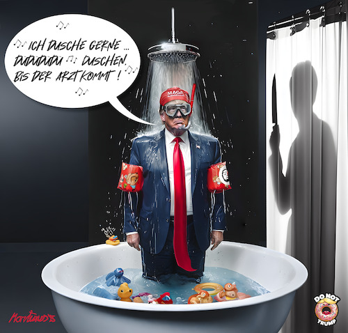 Cartoon: Some like it hot! -Psycho Remix- (medium) by MorituruS tagged usa,us,präsident,donald,trump,haar,dekret,unterzeichnet,duschköpfe,unter,druck,wasserdurchfluss,ich,dusche,gern,liter,anzahl,pro,minute,some,like,it,hot,billy,wilder,alfred,hitchcock,duschszene,janet,leigh,anthony,perkins,norman,bates,lila,crane,cartoon,karikatur,moriturus
