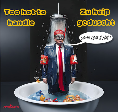 Cartoon: Some like it hot! . . . (medium) by MorituruS tagged usa,us,präsident,donald,trump,haar,dekret,unterzeichnet,duschköpfe,unter,druck,wasserdurchfluss,ich,dusche,gern,literanzahl,pro,minute,some,like,it,hot,billy,wilder,cartoon,karikatur,moriturus