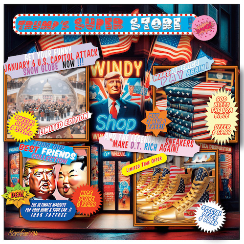 Cartoon: Trump Super Store 1 (medium) by MorituruS tagged donald,trump,usa,maga,golden,sneakers,star,spangled,banner,bibeln,maskottchen,kim,jong,un,verschuldet,special,offer,angebot,ausverkauf,shop,for,sale,deal,sturm,aufs,capitol,karikatur,cartoon,moriturus