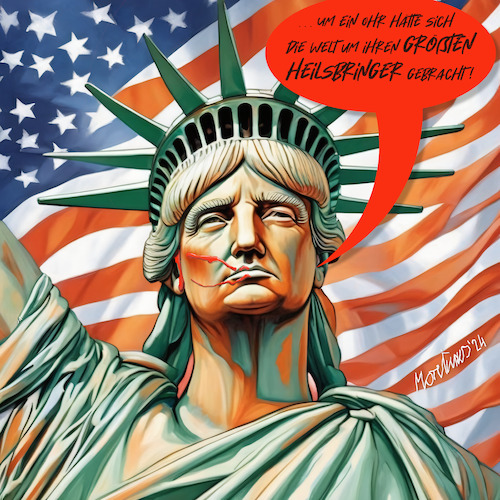 Cartoon: Um ein Ohr . . . (medium) by MorituruS tagged usa,us,expräsident,donald,trump,versuchtes,attentat,ohr,verletzt,angriff,verurteilen,tödliche,gewalt,schusswaffen,wahlkampf,opfer,radikalisierung,wahljahr,cartoon,karikatur,moriturus