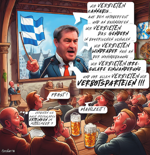 Cartoon: Verbotspartei verbieten! (medium) by MorituruS tagged markus,söder,csu,bayern,populismus,verbot,cannabis,oktoberfest,bahnhöfe,gendersprache,verbieten,gendergerechtigkeit,windräder,wohnbebauung,irreguläre,illegale,migration,zuwanderung,migranten,populistisch,mittelmeer,flüchtlinge,flüchtlingskrise,ruanda,rishi,sunak,regulierung,grüne,verbotspartei,schulen,behörden,gleichberechtigung,partizipation,teilhabe,gendersternchen,karikatur,cartoon,moriturus