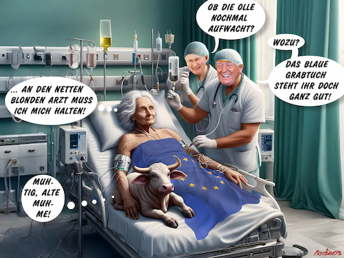 Cartoon: Visite auf der Palliativstation (medium) by MorituruS tagged donald,trump,wladimir,putin,usa,us,präsident,eu,das,alte,europa,abhängen,rechte,parteien,rechtspopulismus,ukraine,friedensplan,kapitulation,russland,wolodymyr,selenskyj,diktatur,autokratie,demokratie,verteidigung,drohnen,hybrider,krieg,militär,meinungsfreiheit,diktator,cartoon,karikatur,moriturus