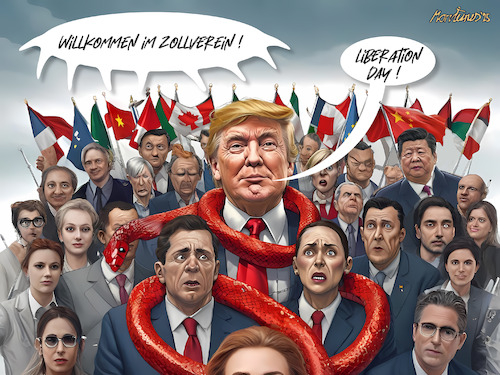 Cartoon: Willkommen im Zollverein! (medium) by MorituruS tagged usa,us,präsident,donald,trump,tariffs,zölle,strafzölle,sanktionen,gegenzölle,zollpolitik,vergeltungsmaßnahmen,aktienmarkt,liberation,day,durchregieren,gop,elefant,verurteilter,straftäter,amnestie,begnadigung,selbstbegnadigung,justiz,you,are,fired,hirnstruktur,narzissmus,dunkle,triade,rote,linie,zaun,maga,make,america,great,again,recht,des,stärkeren,sturm,auf,das,kapitol,revanchismus,supporter,beamte,austauschen,loyalisten,spindoctors,rache,macht,lügen,beschädigung,freiheit,demokratie,autokratie,project,2025,egoismus,misogyn,dekret,attentat,ohr,verletzt,angriff,verurteilen,tödliche,gewalt,schusswaffen,wahlkampf,opfer,radikalisierung,fracking,deportation,grenze,grenzzaun,47,grab,them,by,the,pussy,deal,wahljahr,cartoon,karikatur,moriturus