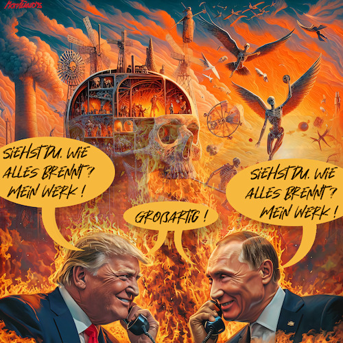 Cartoon: Zwei Weltenbrandstifter (medium) by MorituruS tagged usa,donald,trump,wladimir,putin,telefonat,angriff,kiew,chemiewaffen,einsatz,drohnen,raketen,luftabwehr,unterstützung,nato,eu,rote,linien,zölle,waffenstillstand,ceasefire,feuer,wolodymyr,selenskyi,klima,waldbrände,ausstieg,pariser,klimaabkommen,europa,prosteste,aufstände,rebellion,los,angeles,gewalt,recht,und,ordnung,newsom,governeur,kalifornien,nationalgarde,marine,einheiten,inland,niederschlagung,sicherheitsbehörden,eskalation,polizei,freiheit,demokratie,autokratie,beschädigung,brandtiftung,justiz,acab,rechtspopulismus,cartoon,karikatur,moriturus