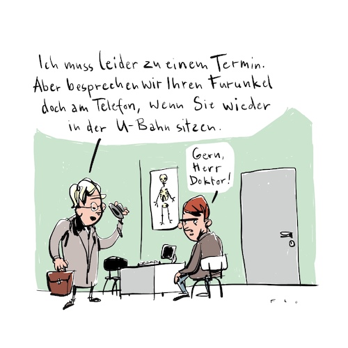 Cartoon: Furunkel (medium) by F L O tagged arzt,ubahn,furunkel,arzt,ubahn,furunkel,privatsphäre,datenschutz,zeit,termin,doktor,patient,sprechzimmer,öffentlich