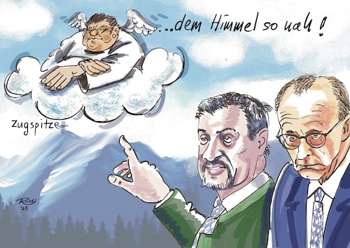 Cartoon: ... dem Himmel so nah! (medium) by Rudissketchbook tagged friedrich,merz,markus,söder,zugspitze,treffen,csu,cdu,kanzler,ministerpräsident,bayern
