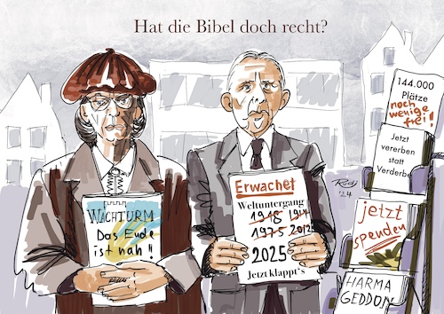 Cartoon: Das Ende ist nah! (medium) by Rudissketchbook tagged endzeit,weltuntergang,zeugen,jehovas,religion,jüngstes,gericht,leben,nach,dem,tode