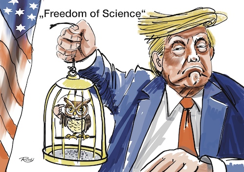 Cartoon: Freedom of Science (medium) by Rudissketchbook tagged trump,vance,usa,universität,wissenschaft,hetzjagd,freiheit,professohren,lehre,studium,forschung,verhaftung,dummheit,strategie,amtszeit