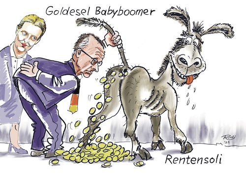 Cartoon: Goldesel Babyboomer (medium) by Rudissketchbook tagged rentensoli,babyboom,goldesel,generationen,rente,rentenversicherung,junge,generation,work,life,balance,leistung,leistungsbereitschaft,wirtschaftsweise