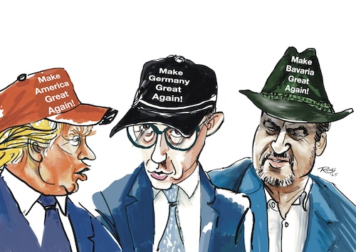 Cartoon: Great again! (medium) by Rudissketchbook tagged bavaria,bayern,markus,söder,trump,merz,amerika,slogan,wahl,2025,regierung,beispiel