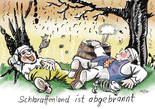 Cartoon: Schlaraffenland ist abgebrannt (medium) by Rudissketchbook tagged krise,überfluss,schulden,sozialstaat,brd,wirtschaft,migration,bundeswehr,krankenversicherung,milch,honig,rente