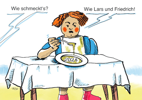 Cartoon: Schmeckts? (medium) by Rudissketchbook tagged suppenkasper,merz,klingbeil,krise,preise,energie,krieg,reformen