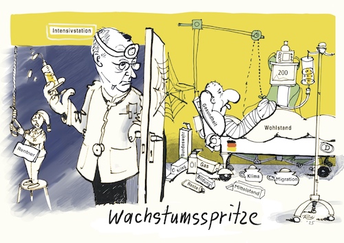 Cartoon: Wachstumsspritze (medium) by Rudissketchbook tagged krise,wachstum,wirtschaft,rente,krieg,migration,bundeswehr,wohlstand,das,land,geht,den,bach,runter