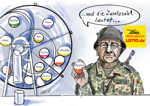 Cartoon: Wehrpflichtlotto (medium) by Rudissketchbook tagged bundeswehr,wehrdienst,wehrpflicht,rüstung,aufrüstung,generationen,brd,pistorius,cdu,csu,spd,bundesregierung,ukraine