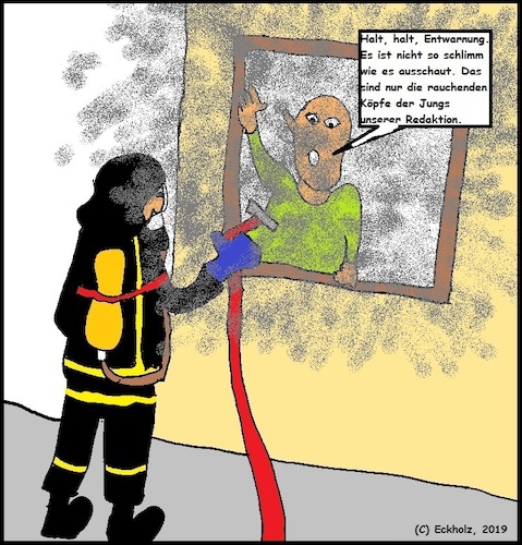 Cartoon: Entwarnung... (medium) by Sven1978 tagged fehlalarm,feuerwehr,rauch,redaktion,stress,gesellschaft,job,zeitung