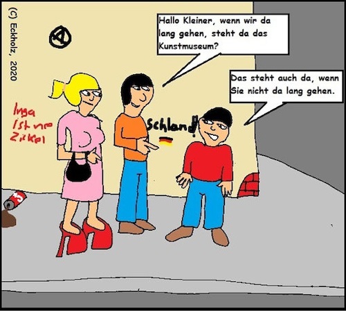 Cartoon: Wo steht das Kunstmuseum? (medium) by Sven1978 tagged kunstmuseum,wegbeschreibung,junge,mann,frau,urlaubbesichtigung,reisen,tourismus,stadtbesichtigung,gesellschaft