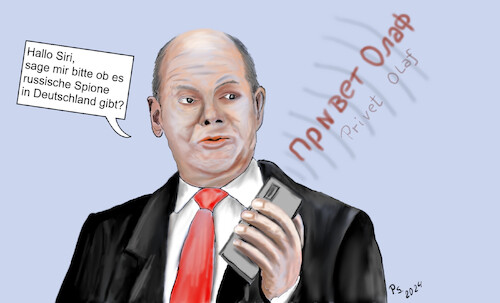 Cartoon: Hallo Olaf (medium) by SchmidtFineArt tagged demokratie,russland,spionage,putin,scholz,europa,krise,gesellschaft,humor,karikatur,art,deutschland,krieg,kunst,regierung,politiker