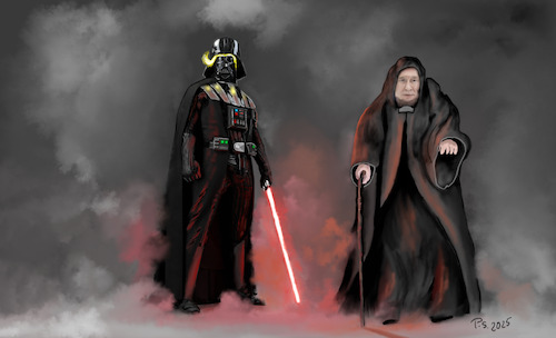 Cartoon: The Dark Side (medium) by SchmidtFineArt tagged trump,putin,krise,amerika,russland,demokratie,usa,cartoon,illustration,zeichnung,comic,humor,politik,eu,krieg,geld,europa,donald,karikatur,kunst,art,parteien,regierung,präsident