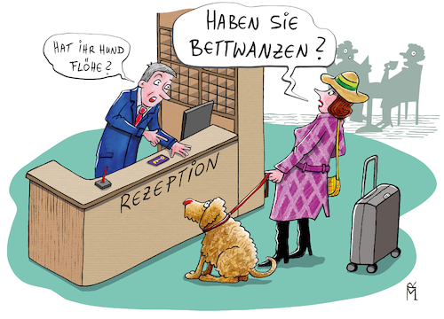 Cartoon: Bettwanzen (medium) by Rebecca-Meyer tagged bettwanzen,flöhe,hunde,hotel,menschen,kommunikation,hundeliebhaber,bettwanzen,flöhe,hunde,hotel,menschen,kommunikation,hundeliebhaber