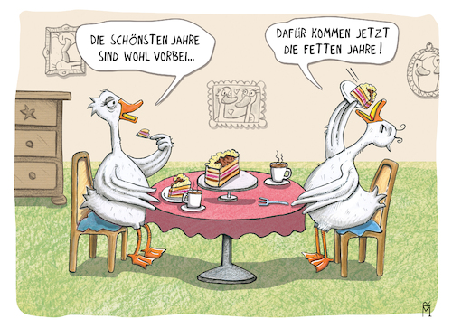 Cartoon: Fette Jahre (medium) by Rebecca-Meyer tagged gänse,kaffeetisch,sahnetorte,kaffeetasse,häubchen,schnabel,fressrausch,watscheln,sahneflecken,melancholie,kalenderspruch,tischdecke,krümel,gänsefüße,stuhl,tropfen,kuchenreste,löffel,gabel,volle,backen,blickkontakt,kontrast,altersweisheit,lebensfreude,chaos,gänse,kaffeetisch,sahnetorte,kaffeetasse,häubchen,schnabel,fressrausch,watscheln,sahneflecken,melancholie,kalenderspruch,tischdecke,krümel,gänsefüße,stuhl,tropfen,kuchenreste,löffel,gabel,volle,backen,blickkontakt,kontrast,altersweisheit,lebensfreude,chaos