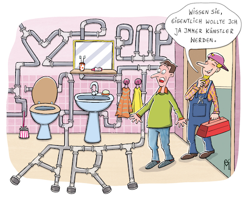 Cartoon: Kreativer Klempner (medium) by Rebecca-Meyer tagged heizung,sanitär,abwasserrohren,htrohre,hochtemperaturrohre,fachmann,fachkräftemangel,klima,klempner,rohre,verlegen,badezimmer,popart,künstler,heizung,sanitär,abwasserrohr,htrohre,hochtemperaturrohre,fachmann,fachkräftemangel,klima,klempner,rohre,verlegen,badezimmer,popart,künstler