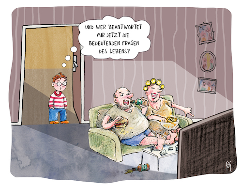 Cartoon: Lebensfragen (medium) by Rebecca-Meyer tagged cartoon,satire,gesellschaftskritik,familie,eltern,kind,fernsehen,konsum,übergewicht,fastfood,bier,chips,burger,sofa,bequemlichkeit,medienkonsum,oberflächlichkeit,werte,lebensfragen,philosophie,ironie,humor,tragikomik,cartoon,satire,gesellschaftskritik,familie,eltern,kind,fernsehen,konsum,übergewicht,fastfood,bier,chips,burger,sofa,bequemlichkeit,medienkonsum,oberflächlichkeit,werte,lebensfragen,philosophie,ironie,humor,tragikomik