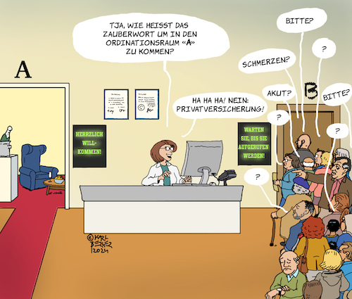 Cartoon: Das Zauberwort (medium) by Karl Berger tagged gesundheitswesen,arzt,patienten,wartezeit,zweiklassenmedizin,kassenärzte,fachärztemangel