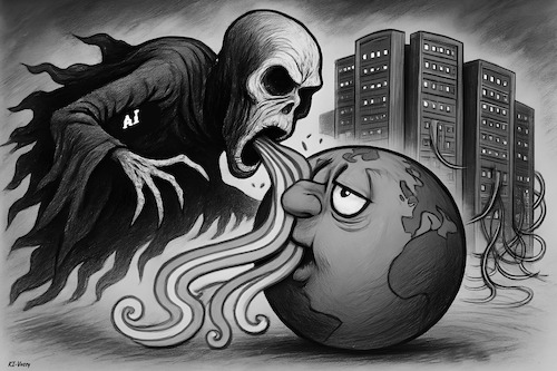 Cartoon: AI sucks (medium) by KI-Vossy tagged ai,server,cooling,tech,industry,water,bottleneck,data,center,liters,peak,supply,llm,energy,household,kühlen,kühlung,ki,studie,study,wasser,wasserkapazitäten,datenzentren,rechenzentren,rechenzentrum,datenzentrum,sprachmodell,sprachmodelle,energie,energieversorger,strom,energiewende,dementor,dementoren,erde,planet,earth,ai,server,cooling,tech,industry,water,bottleneck,data,center,liters,peak,supply,llm,energy,household,kühlen,kühlung,ki,studie,study,wasser,wasserkapazitäten,datenzentren,rechenzentren,rechenzentrum,datenzentrum,sprachmodell,sprachmodelle,energie,energieversorger,strom,energiewende,dementor,dementoren,erde,planet,earth